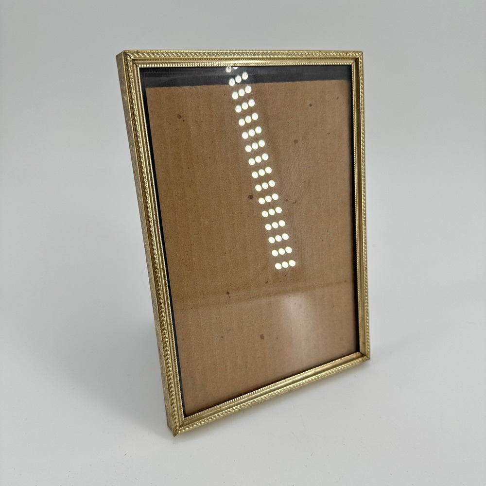 Vintage Gold Tone Floral Embossed Metal 5x7 Tabletop Picture Frame Portrait